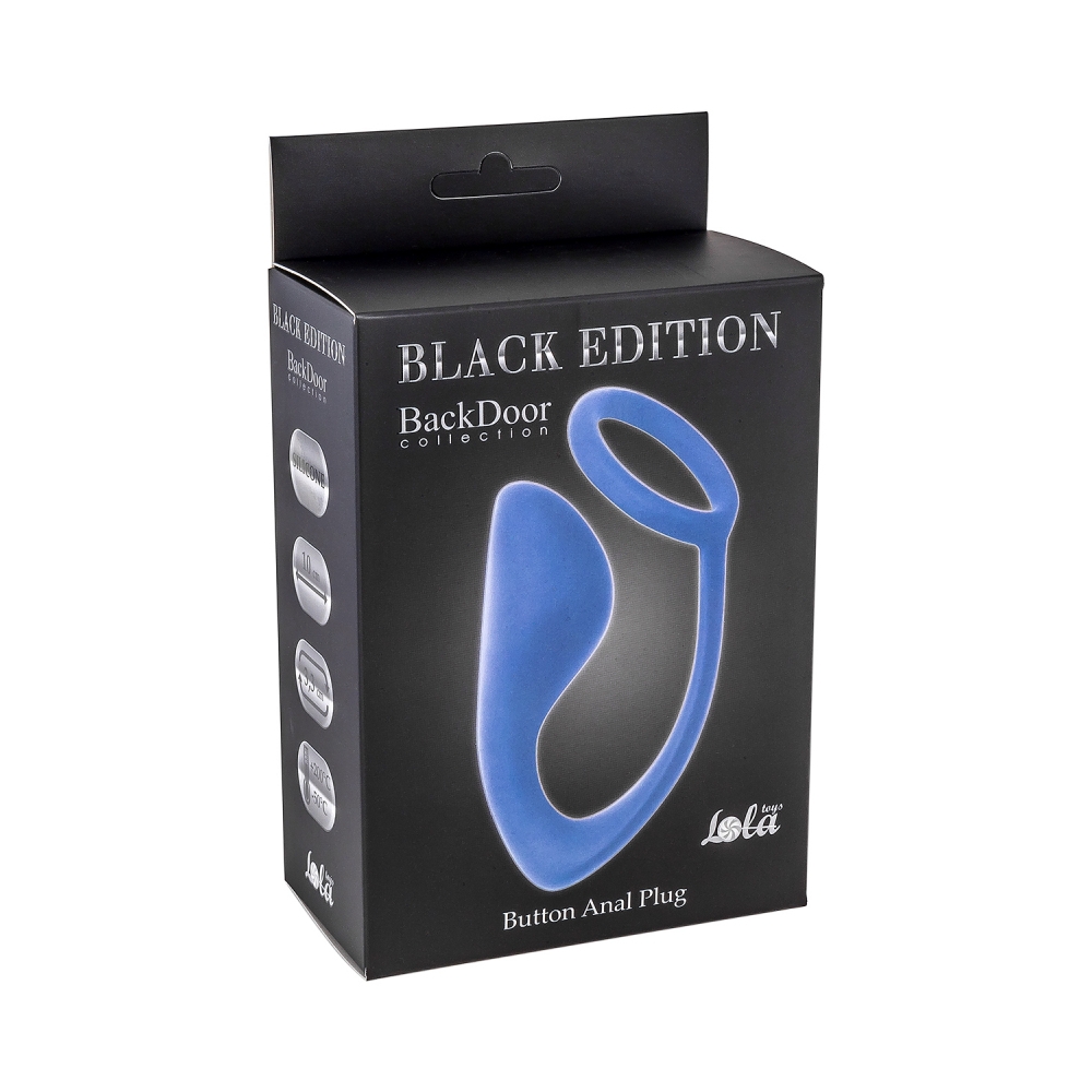 Analni čep s prstenom za penis Button - plavi Analni čep s prstenom za penis Button u ambalaži
