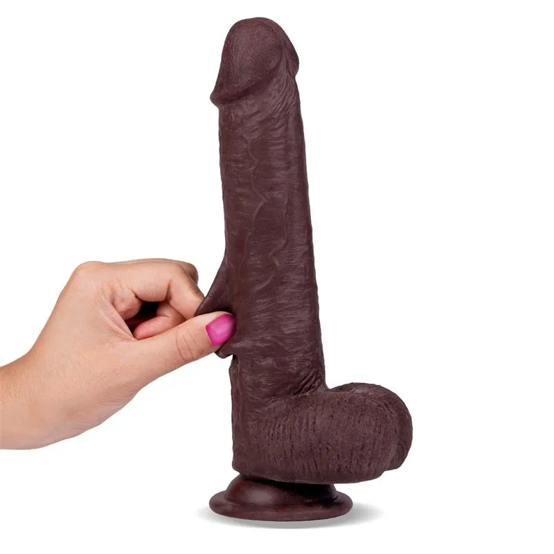 Dildo s pomičnim slojem LikeTrue 21 cm - smeđi Dildo s pomičnim slojem LikeTrue 21 cm - smeđi i prikaz duplog sloja koji se može pomicati.