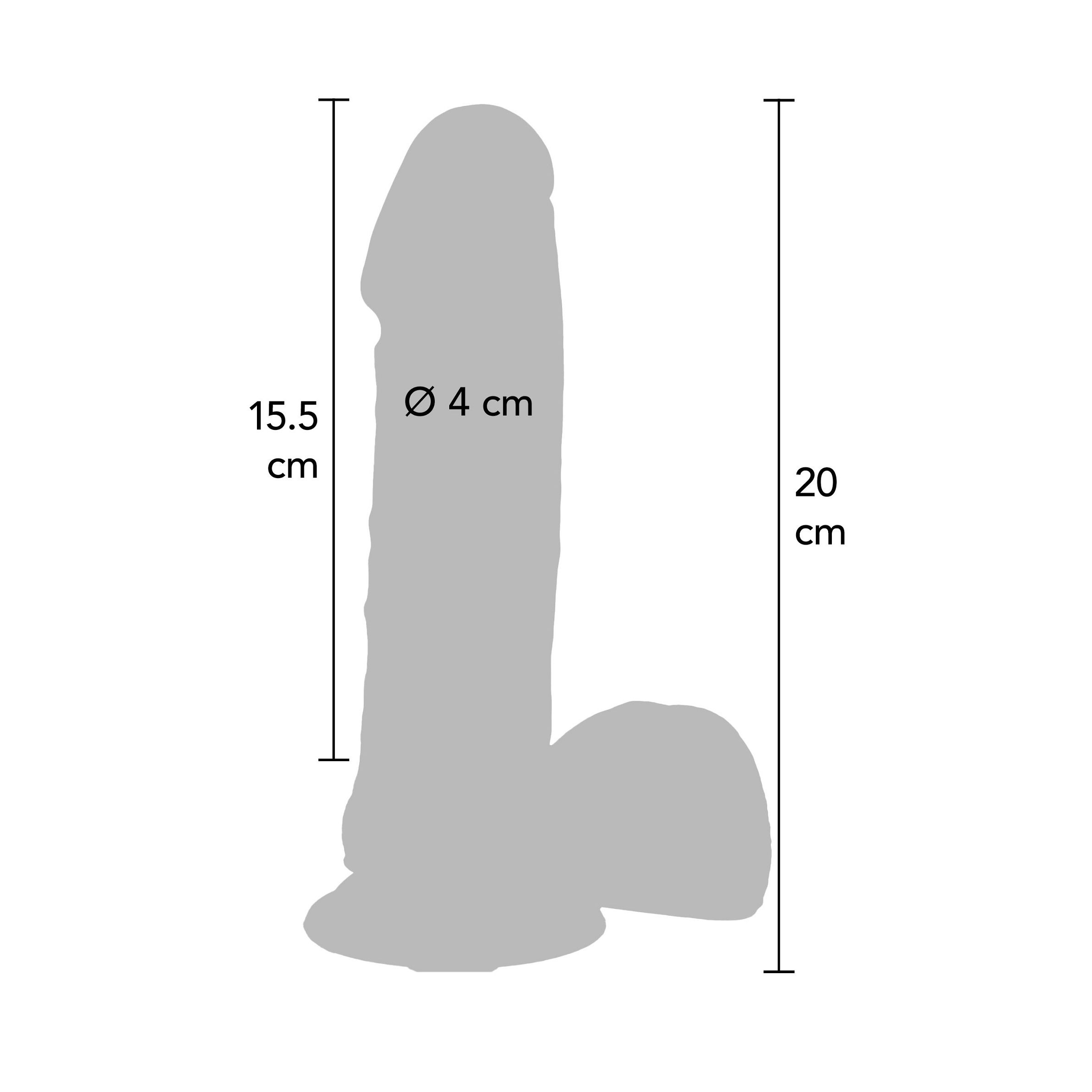 Dildo boje kože 18 cm - Get Real - prikaz dimenzija. Dužina za umetanje 15,5 cm, promjer 4 cm, ukupna dužina 20 cm.