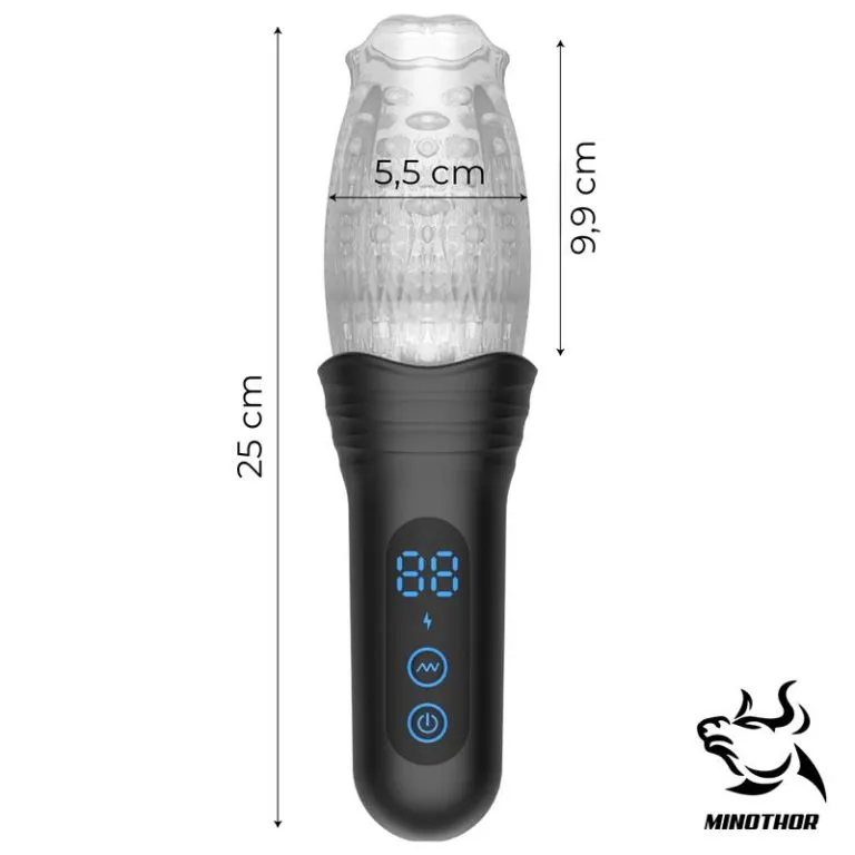 Masturbator s više funkcija - Subaz Soft prikaz dimenzija. Ukupna dužina 25 cm, vanjski promjer dijela za stimulaciju 5,5 cm. Dužina za umetanje je 9,9 cm.