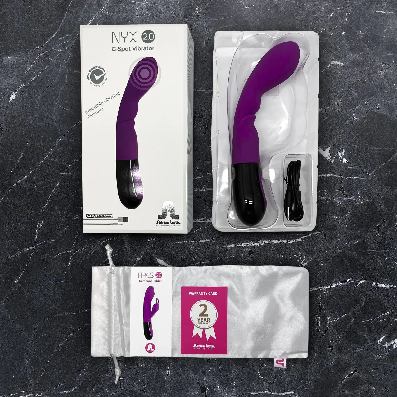 Vibrator za G točku - NYX 2.0 prikaz samog vibratora, USB kabela za punjenje i vrećice za skladištenje.