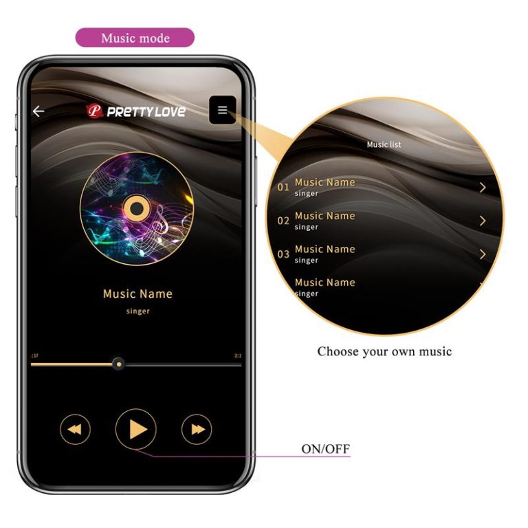 Vibrator s aplikacijom - Pretty Love Billy zaslon unutar aplikacije gdje vibracija prati odabranu glazbu s vašeg telefona