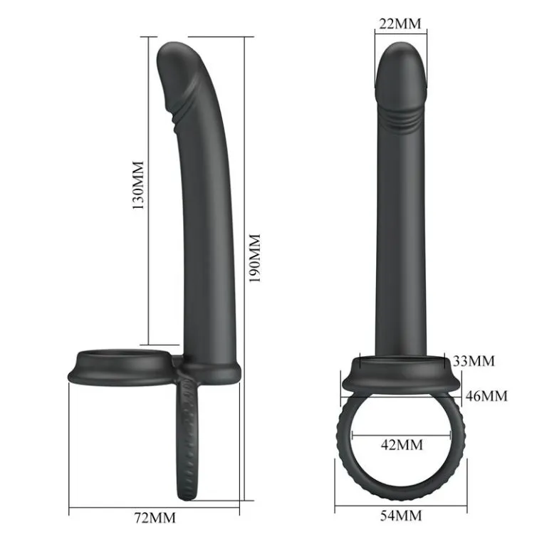 Nastavak za duplu penetraciju crni - Moses - dimenzije. Dužina s prstenom za penis je 18 cm. Dužina bez prstena za penis je 13 cm. Promjer 2 cm