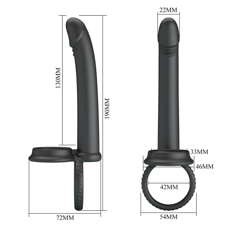 Nastavak za duplu penetraciju crni - Moses Nastavak za duplu penetraciju crni - Moses - dimenzije. Dužina s prstenom za penis je 18 cm. Dužina bez prstena za penis je 13 cm. Promjer 2 cm