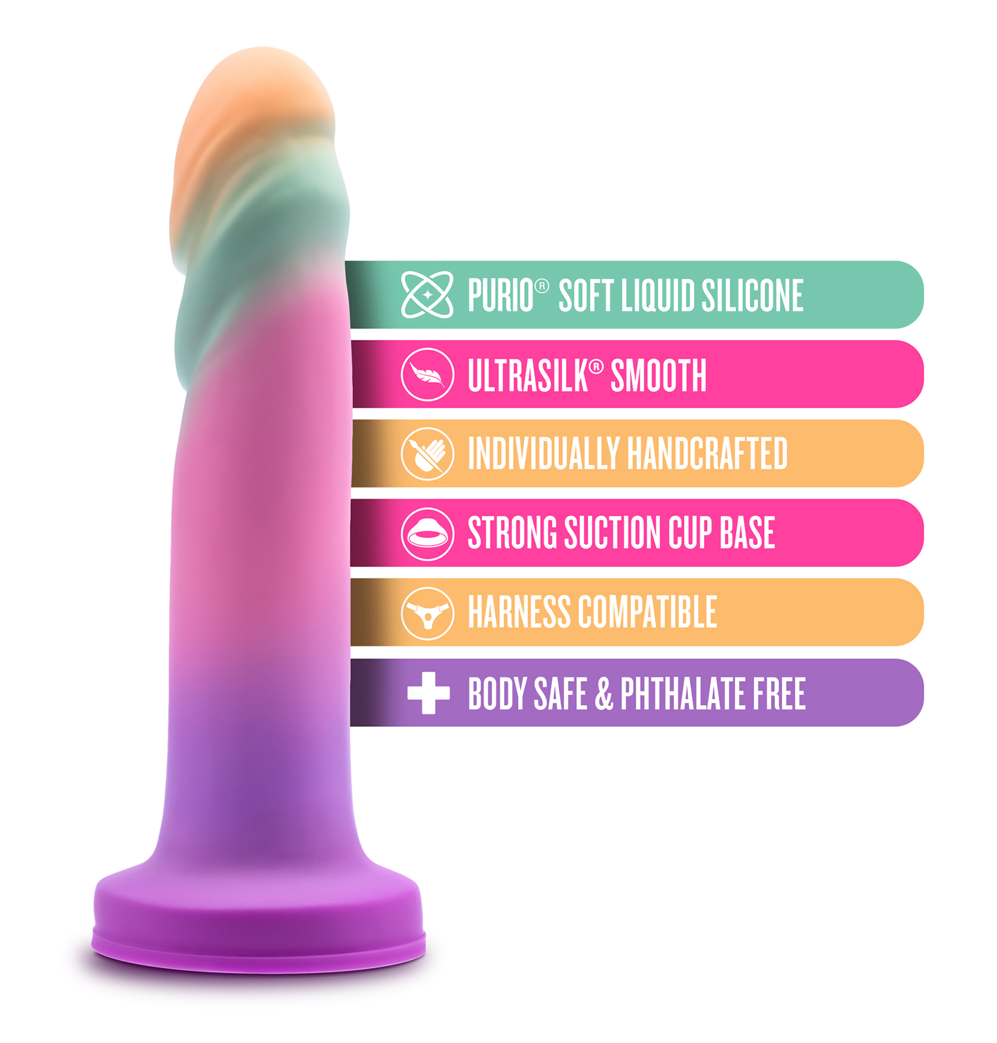 Dildo 18 cm - Avant Sunrise Gaze. Na slici je navedeno: silikon Purio, Ultra silk silikon, ručno oblikovan, vakuumska baza, kompatibilan sa strap-on pojasom, siguran za tijelo.