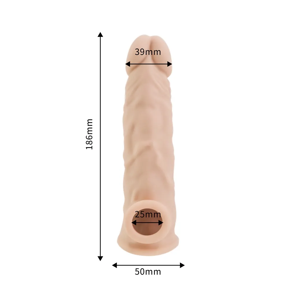 Produžetak za penis boje kože 19 cm - Silicone Rev Extension - dimenzije - 19 cm dužina, širina vrha 3,9 cm. Promjer otvora za testise je 2,5 cm.