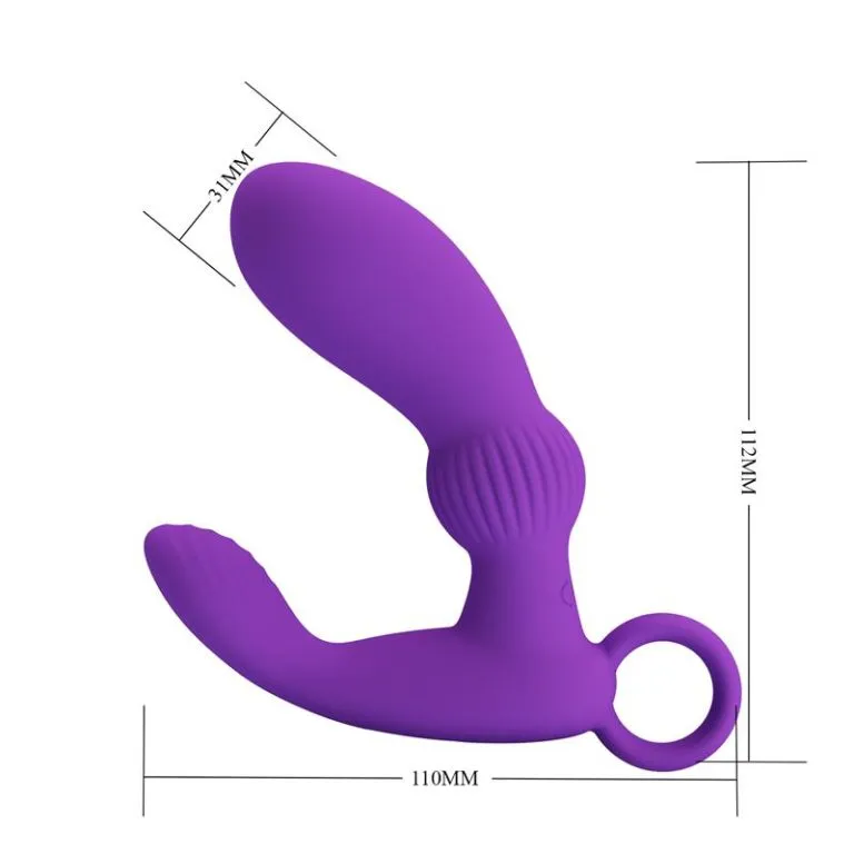 Punjivi masažer prostate ljubičasti - Cayla - prikaz dimenzija. Ukupna dužina: 11 cm, Dužina za umetanje: 9 cm, Dužina kraka za stimulaciju perineuma: 8 cm Promjer: 3 cm