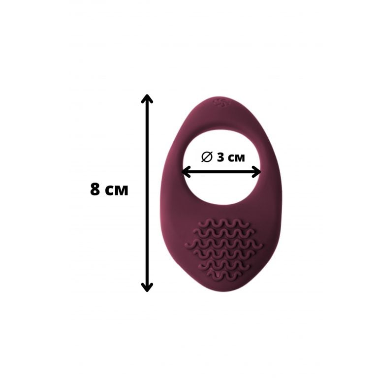 Vibrirajući prsten za penis – Moonshine Wine Red - prikaz dimenzija: unutarnji promjer 3 cm, dužina prstena 8 cm.