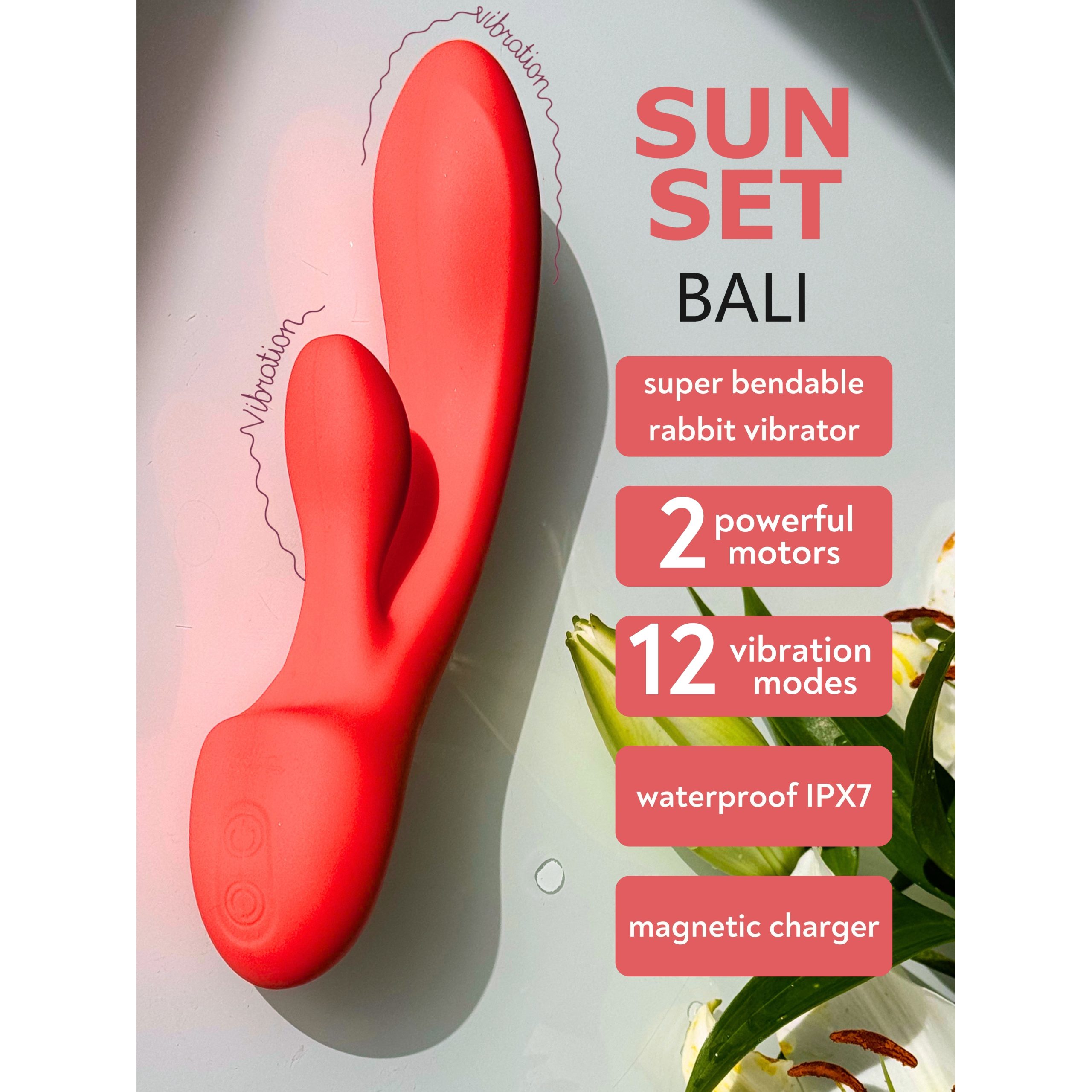 Rabbit vibrator Bali Sunset - Coral Pink - prikaz prednosti: 12 vibracija, 2 motora, silikonski materijal, vodootporan, fleksibilan, punjiv