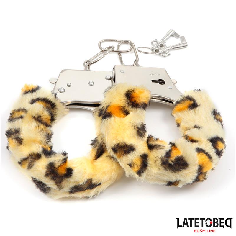 Lisice Latetobed - Furry Leopard - metalne lisice presvučene mekanom tkaninom s leopard životinjskim uzorkom