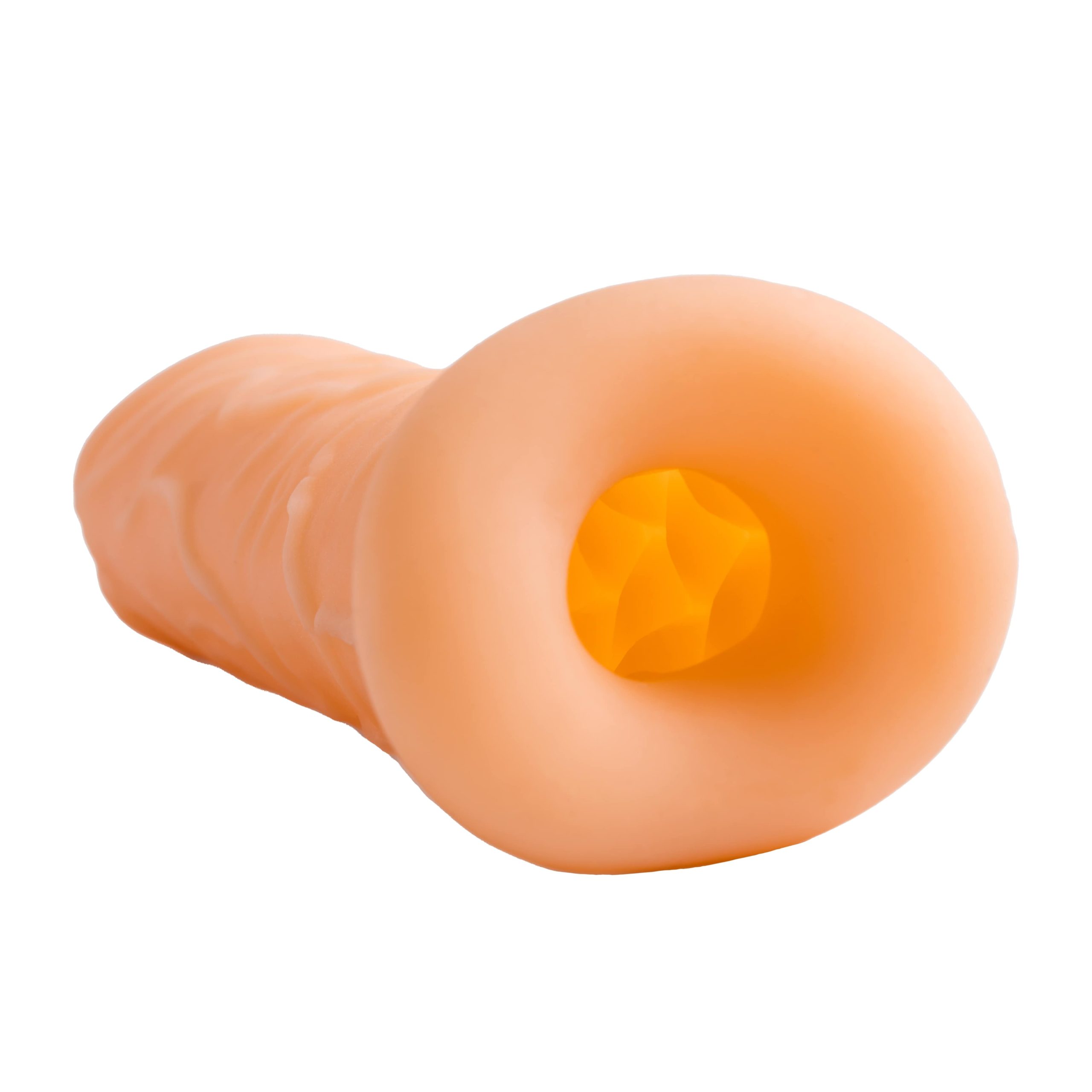 Produžetak za penis boje kože 15 cm - Extra Size Bubbles Produžetak za penis boje kože 15 cm - Extra Size Bubbles - prikaz kanala za umetanje penisa i unutrašnje strukture koja podsjeća na mjehuriće