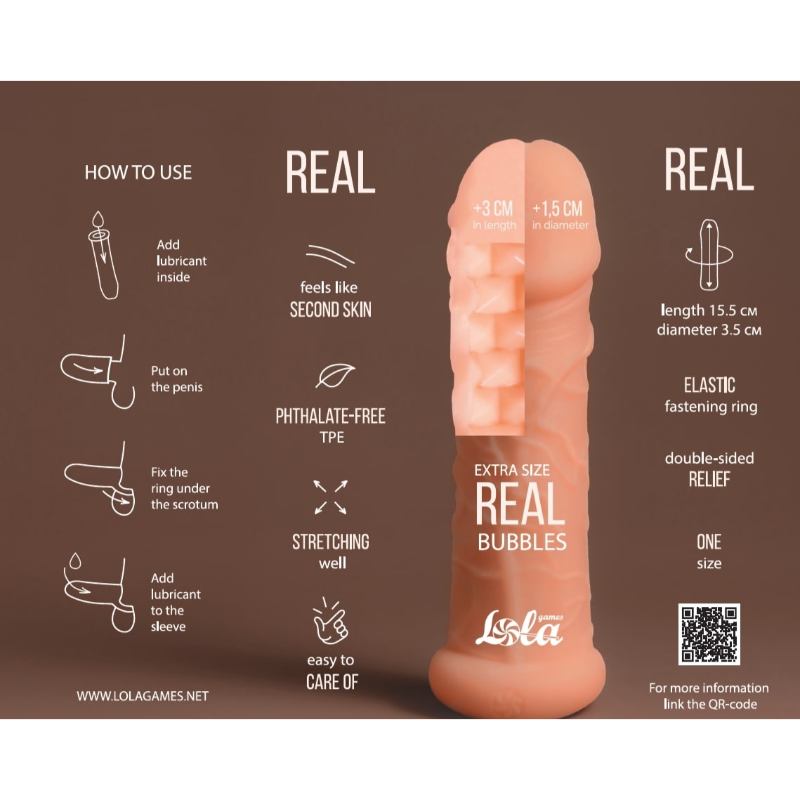 Produžetak za penis boje kože 15 cm - Extra Size Bubbles Produžetak za penis boje kože 15 cm - Extra Size Bubbles - prikaz karakteristika: bez ftalata, dobra rastezljivost, osjeća se kao druga koža, jednostavno održavanje. Dimenzije: dužina 15,5 cm. promjer 3,5 cm