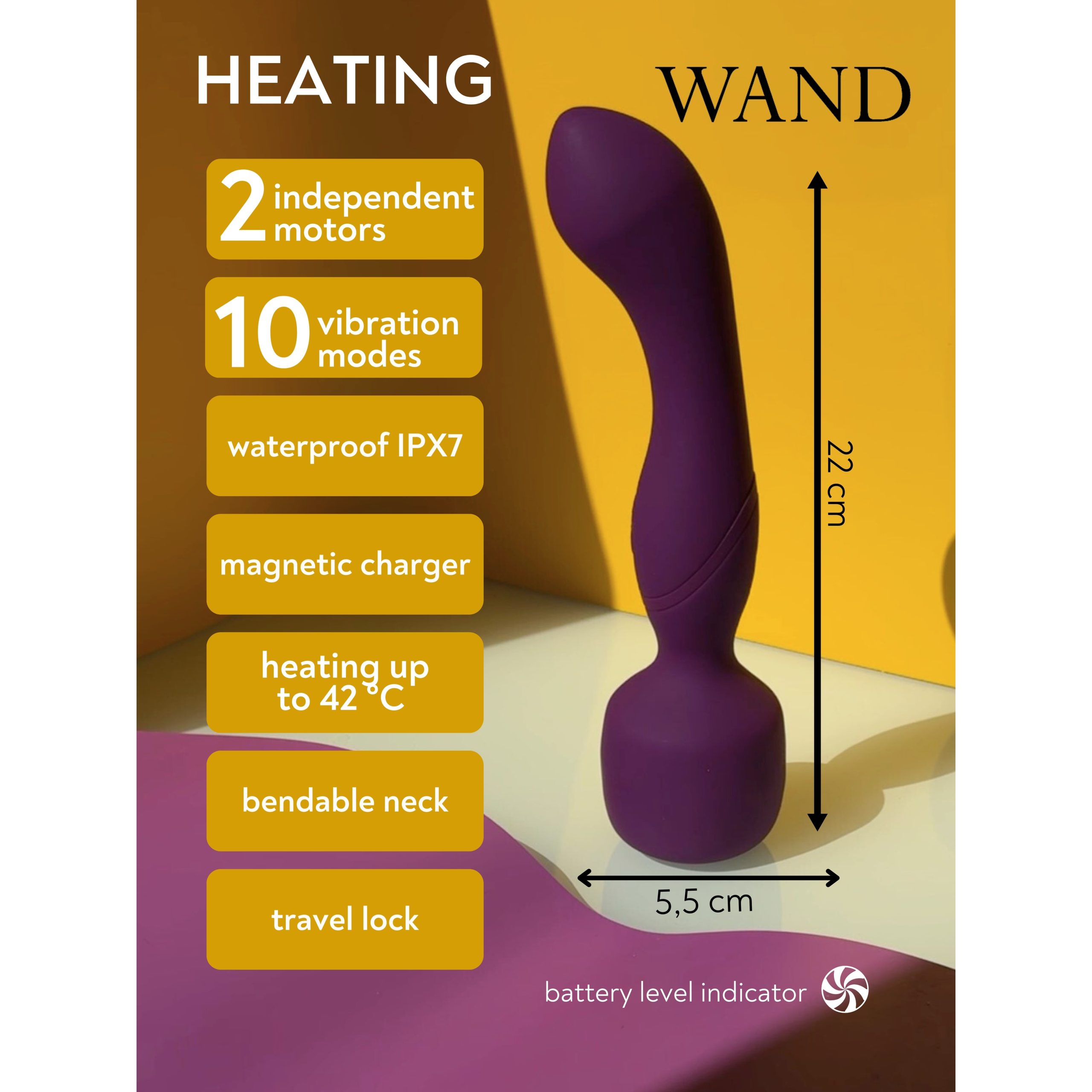 Dvostrani masažer ljubičasti - Lola Heating Wand - prikaz prednosti i značajka: 2 nezavisna motora, 10 vibracija, vodootporan, punjiv, zagrijavanje masažne glave do 42 stupnja, savitljiv vrat na masažnoj glavi, indikator nenapunjenosti baterije.