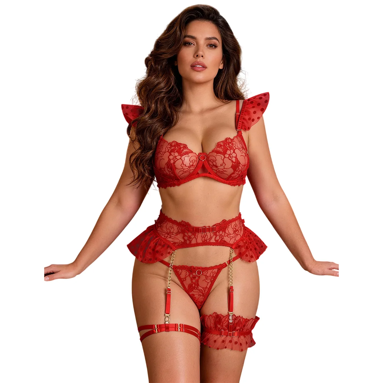 Četverodijelni set crveni - Chain Garter Desire
