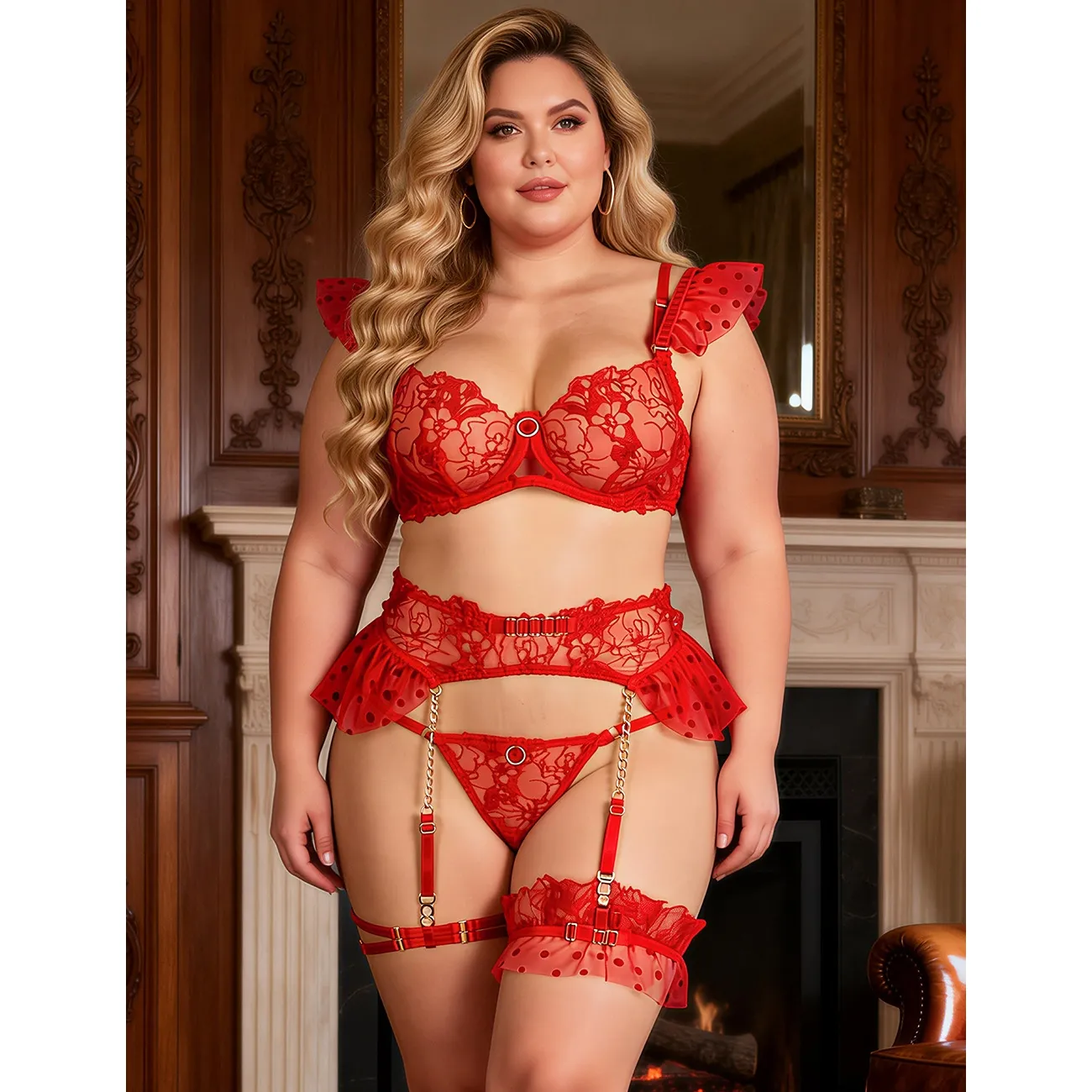 Četverodijelni set crveni - Chain Garter Desire