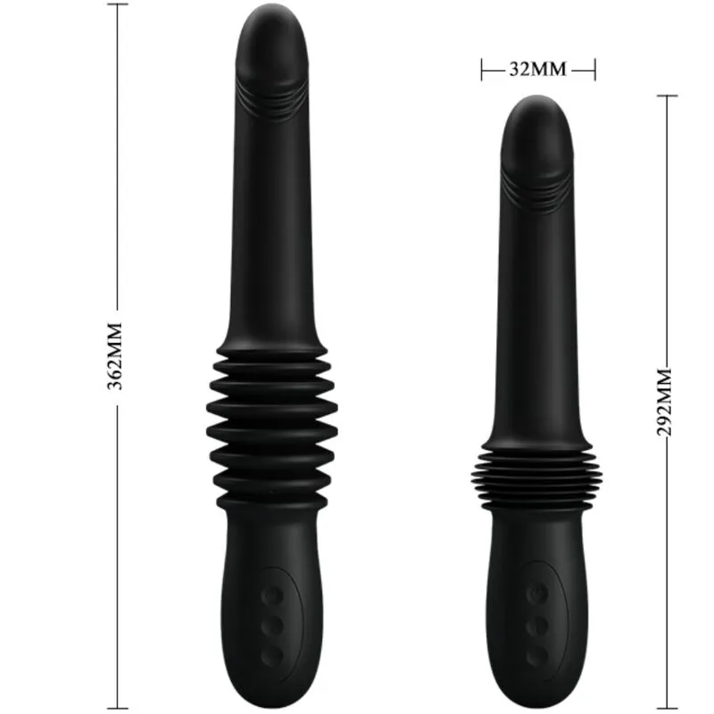 Thrusting stimulator crni - Pazuzu - prikaz dimenzija: Ukupna dužina: 29,2 cm (najmanja pozicija) - 36,2 cm (maksimalno izvučena pozicija), promjer 3,2 cm