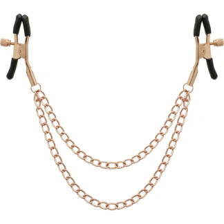 Štipaljke za bradavice - Begme Bronze Clamps - prikaz s prednje strane. vidljiva su dva metalna lančića i gume za zaštitu na stezaljkama.