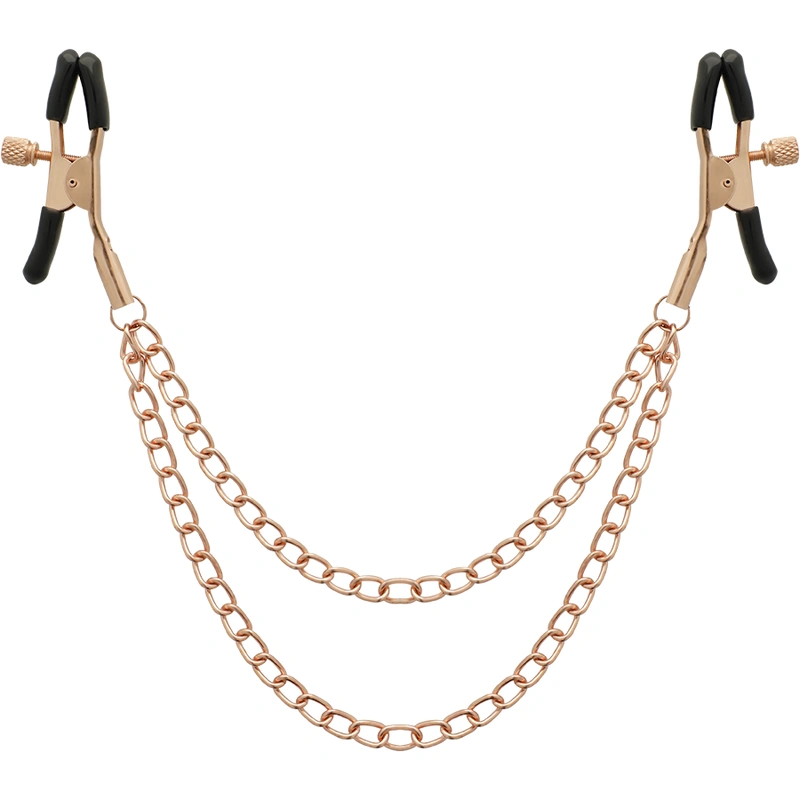 Štipaljke za bradavice - Begme Bronze Clamps - prikaz s prednje strane. vidljiva su dva metalna lančića i gume za zaštitu na stezaljkama.